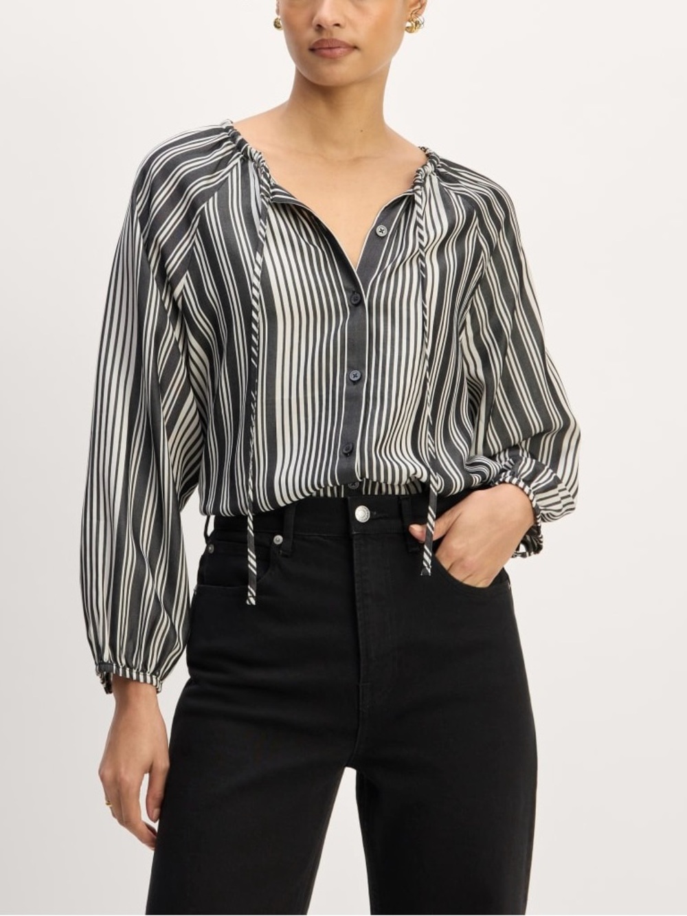 Everlane Gathered Neck Top Black White Stripe Tie Front Button Up Blouse